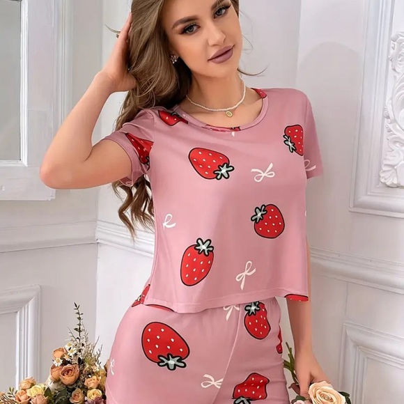 Other - Strawberry Pajamas Short Sleeves Shorts Pants Pink Red White Women’s Size XL